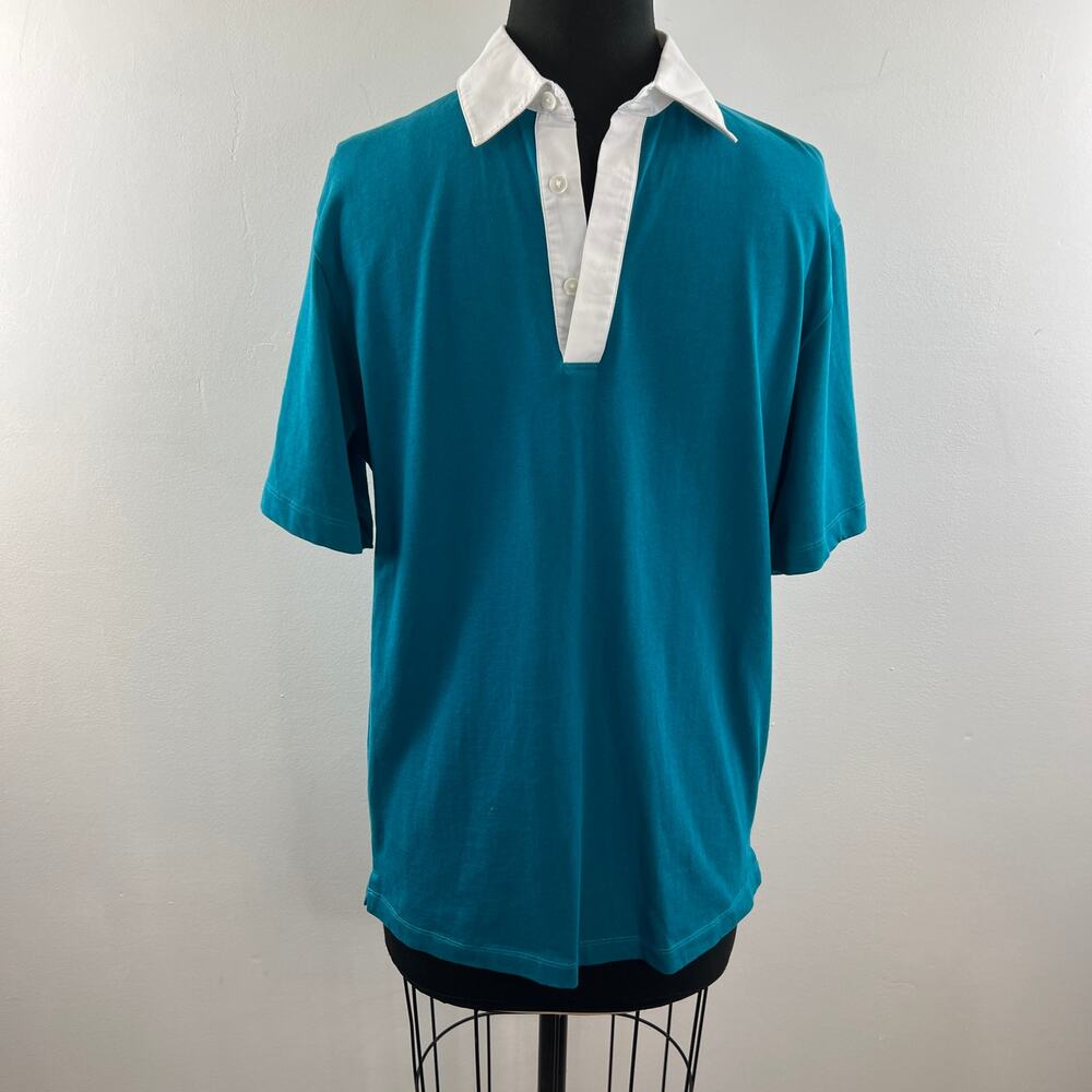 THEORY Green White Cotton Short Sleeve V-Neck Rugby Polo-Rope Jersey Top Size M